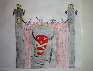 Kinderbild: Eine Ritterburg mit großem Wappen auf dem Burgtor