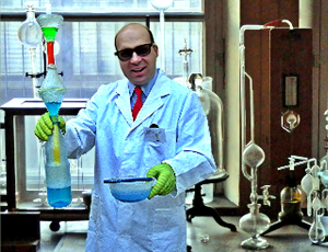 Der Klabautermann von Berlin als Chemie-Professor - Fotomontage mit Laboreinrichtung im Hintergrund