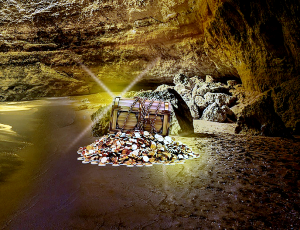 geheimnisvolle Höhle mit Schatztruhe und im Mondlicht funkelnden Münzen