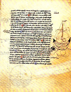 Handschriftliches Manuskript mit Schiffsskizze