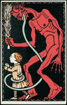 eine dämonische Schreckgestalt mit einer großen Rute verfolgt einen kleinen Knaben und fängt ihn mit einem Seil ein (Zeichnung)