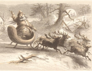 Knecht Ruprecht oder Weihnachtsmann fährt im einem von 4 Rentieren gezogenen Schlitten durch romantischen Eichenwald (Zeichnung, 19. Jahrhundert)