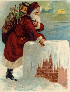 Knecht Ruprecht oder Weihnachtsmann mit rotem Mantel und Geschenkesack steht auf einem schneebedeckten Dach und steigt durch den Schornstein ins Haus (colorierte Zeichnung, 19. Jahrhundert)